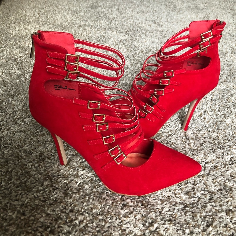 Sexy Red Suede Buckle-Down Heels
